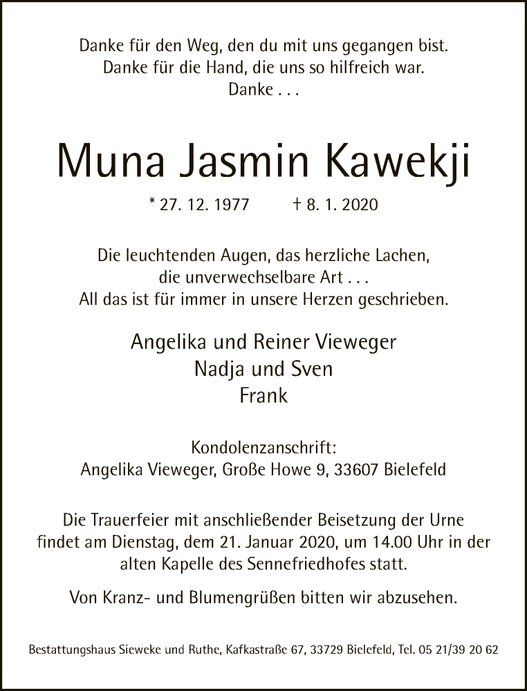  Traueranzeige für Muna Jasmin Kawekji vom 11.01.2020 aus Neue Westfälische