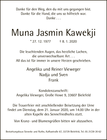 Traueranzeige von Muna Jasmin Kawekji von Neue Westfälische