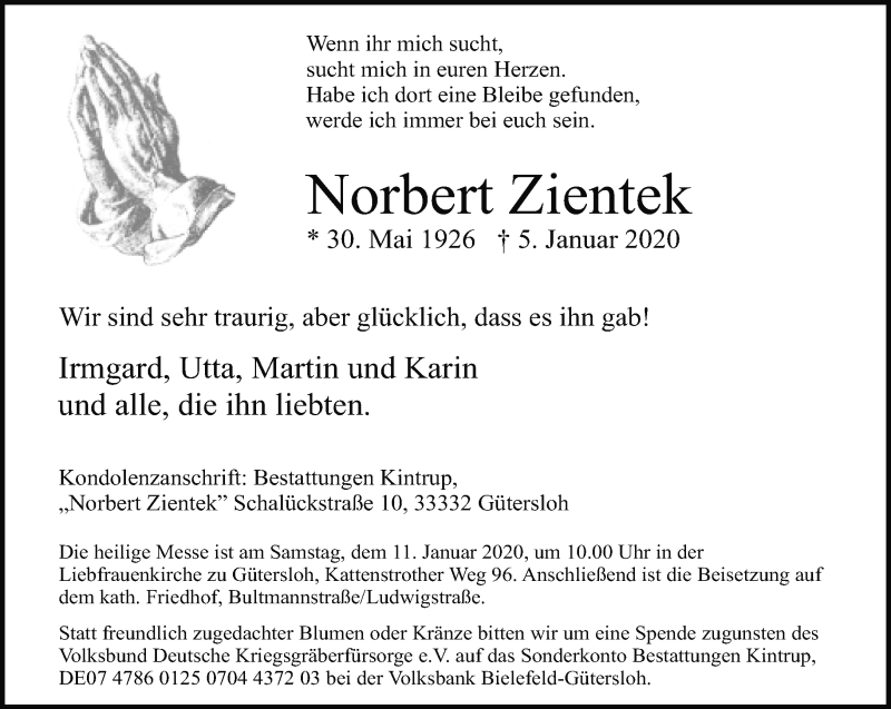  Traueranzeige für Norbert Zientek vom 07.01.2020 aus Neue Westfälische