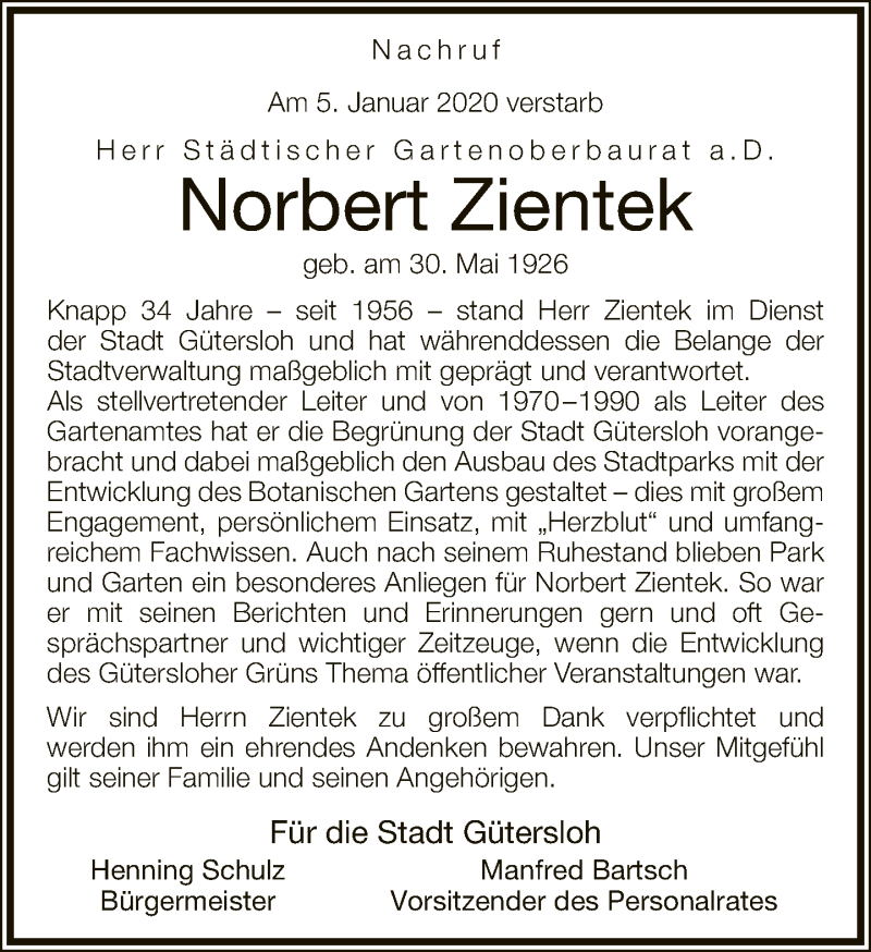  Traueranzeige für Norbert Zientek vom 10.01.2020 aus Neue Westfälische