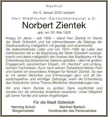 Traueranzeige von Norbert Zientek von Neue Westfälische