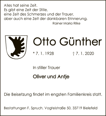 Traueranzeige von Otto Günther von Neue Westfälische