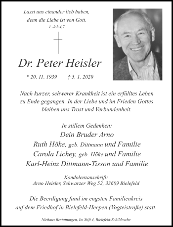 Traueranzeige von Peter Heisler von Neue Westfälische