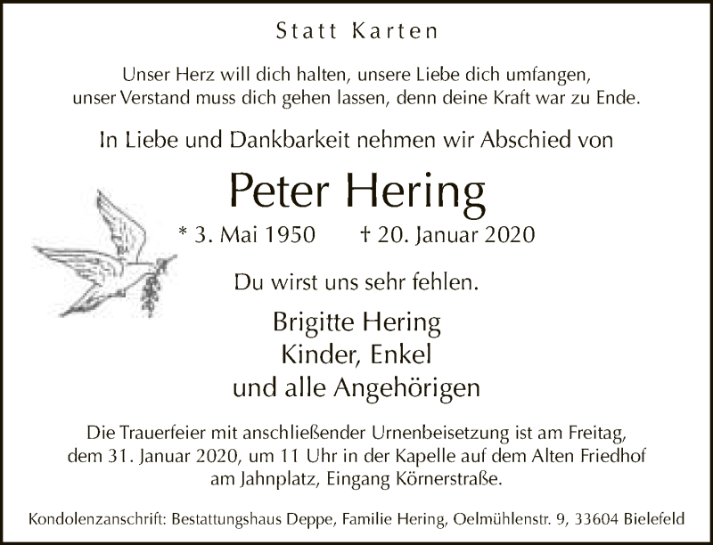 Traueranzeige für Peter Hering vom 25.01.2020 aus Neue Westfälische