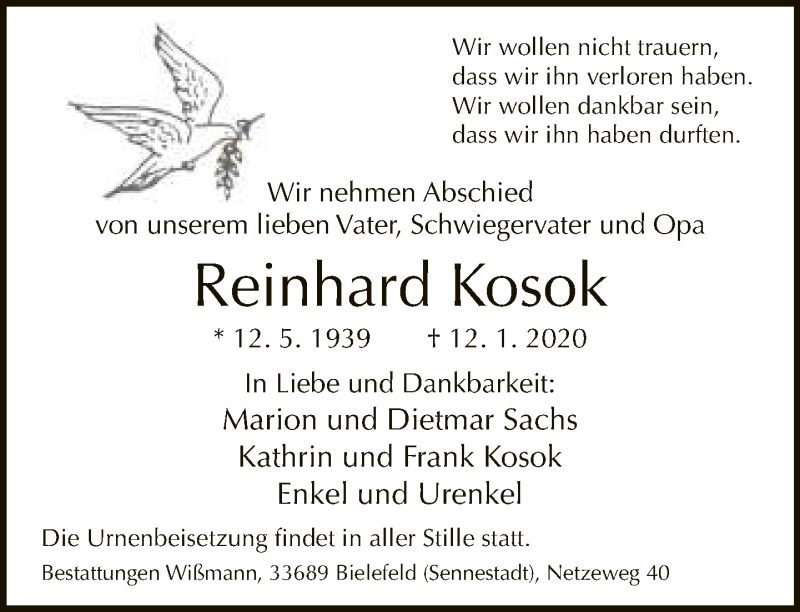  Traueranzeige für Reinhard Kosok vom 18.01.2020 aus Neue Westfälische