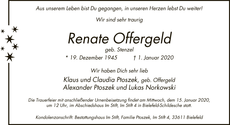  Traueranzeige für Renate Offergeld vom 11.01.2020 aus Neue Westfälische