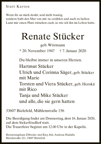 Traueranzeige von Renate Stücker von Neue Westfälische