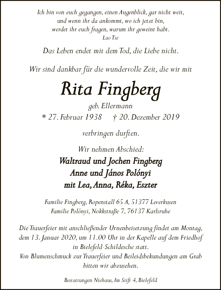  Traueranzeige für Rita Fingberg vom 04.01.2020 aus Neue Westfälische