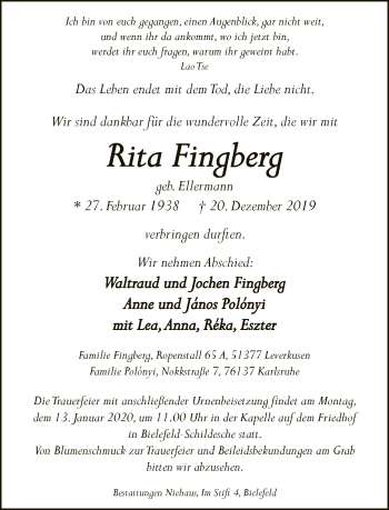 Traueranzeige von Rita Fingberg von Neue Westfälische