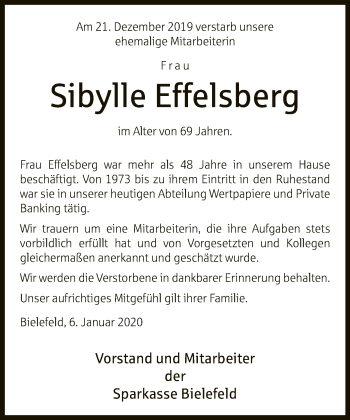 Traueranzeige von Sibylle Effelsberg von Neue Westfälische