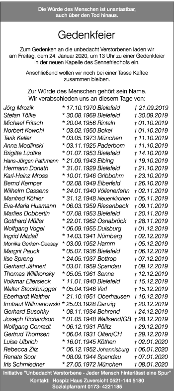 Traueranzeige von Sterbetafel vom 17.01.2020 von Neue Westfälische