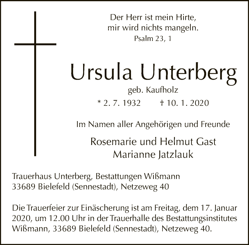  Traueranzeige für Ursula Unterberg vom 14.01.2020 aus Neue Westfälische