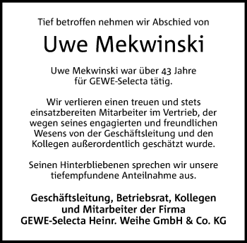 Traueranzeige von Uwe Mekwinski von Neue Westfälische