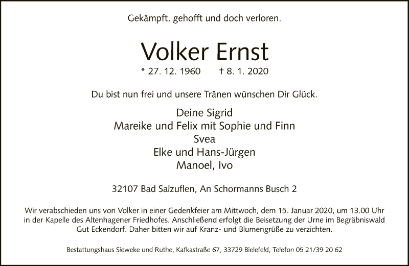  Traueranzeige für Volker Ernst vom 11.01.2020 aus Neue Westfälische