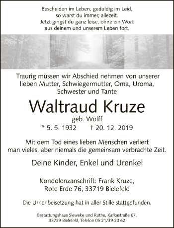 Traueranzeige von Waltraud Kruze von Neue Westfälische
