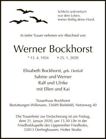 Traueranzeige von Werner Bockhorst von Neue Westfälische