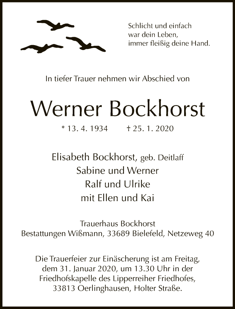  Traueranzeige für Werner Bockhorst vom 29.01.2020 aus Neue Westfälische