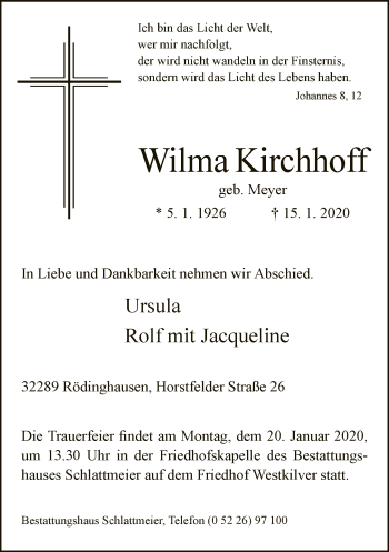 Traueranzeige von Wilma Kirchhoff von Neue Westfälische