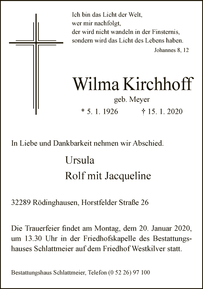 Traueranzeige für Wilma Kirchhoff vom 17.01.2020 aus Neue Westfälische
