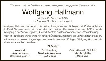 Traueranzeige von Wolfgang Hallmann von Neue Westfälische