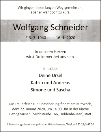 Traueranzeige von Wolfgang Schneider von Neue Westfälische