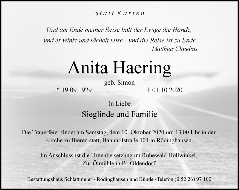  Traueranzeige für Anita Haering vom 07.10.2020 aus Neue Westfälische