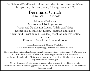 Traueranzeige von Bernhard Ulrich von Neue Westfälische
