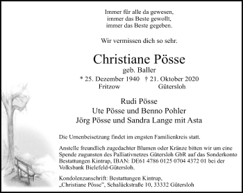Traueranzeige von Christiane Pösse von Neue Westfälische