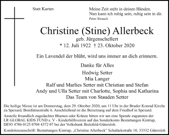 Traueranzeige von Christine  Allerbeck von Neue Westfälische