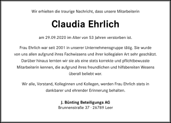 Traueranzeige von Claudia Ehrlich von Neue Westfälische