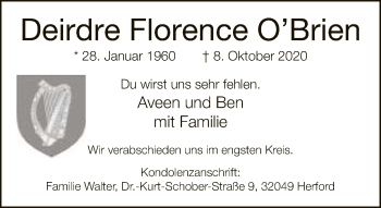 Traueranzeige von Deirdre Florence O’Brien von Neue Westfälische