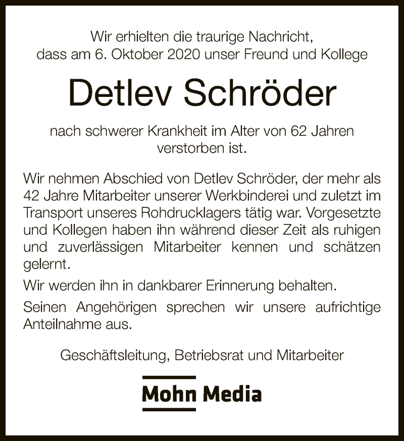  Traueranzeige für Detlev Schröder vom 09.10.2020 aus Neue Westfälische