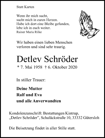 Traueranzeige von Detlev Schröder von Neue Westfälische