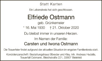 Traueranzeige von Elfriede Ostmann von Neue Westfälische
