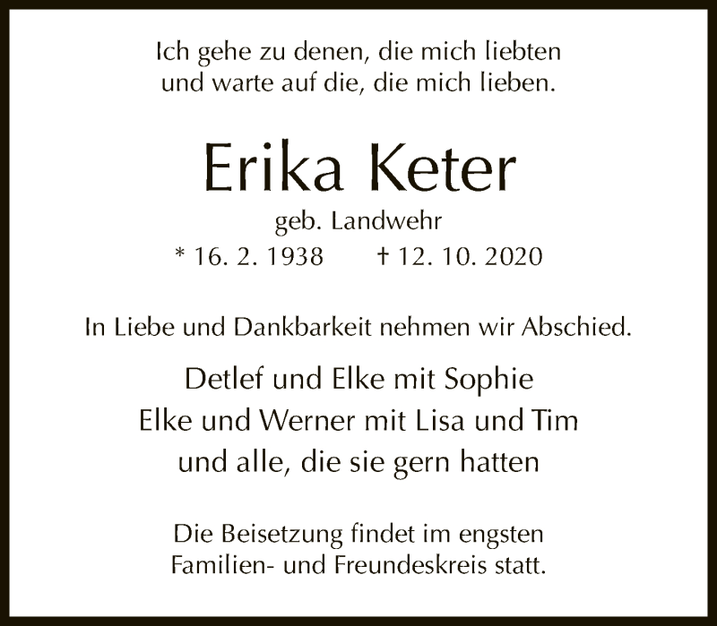  Traueranzeige für Erika Keter vom 17.10.2020 aus Neue Westfälische