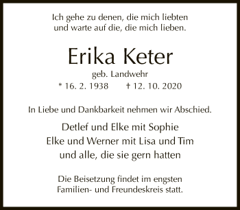 Traueranzeige von Erika Keter von Neue Westfälische