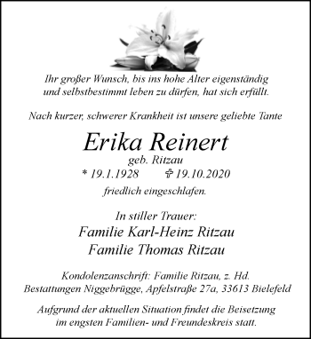 Traueranzeige von Erika Reinert von Neue Westfälische