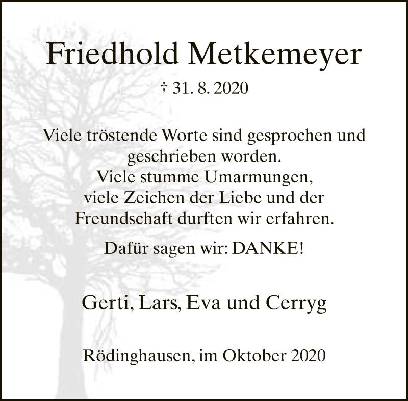  Traueranzeige für Friedhold Metkemeyer vom 17.10.2020 aus Neue Westfälische