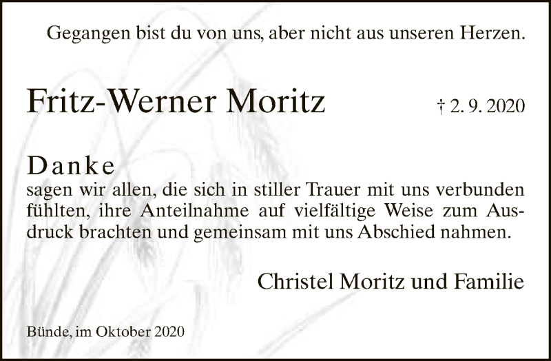  Traueranzeige für Fritz-Werner Moritz vom 10.10.2020 aus Neue Westfälische