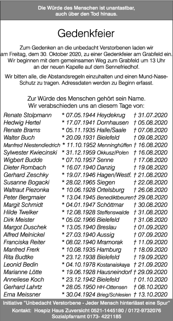 Traueranzeige von Gedenkfeier  von Neue Westfälische