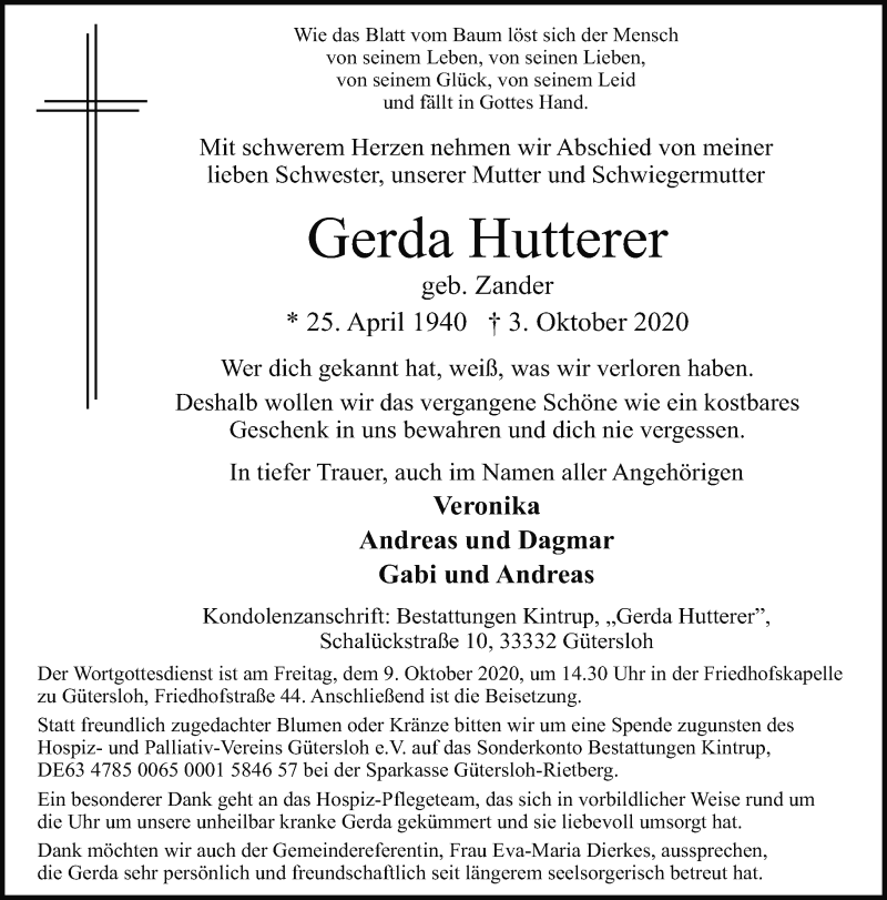  Traueranzeige für Gerda Hutterer vom 06.10.2020 aus Neue Westfälische