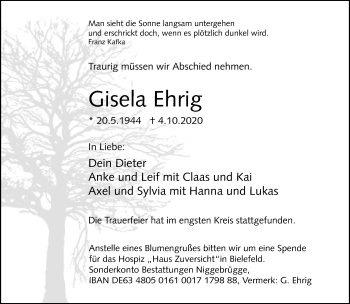 Traueranzeige von Gisela Ehrig von Neue Westfälische