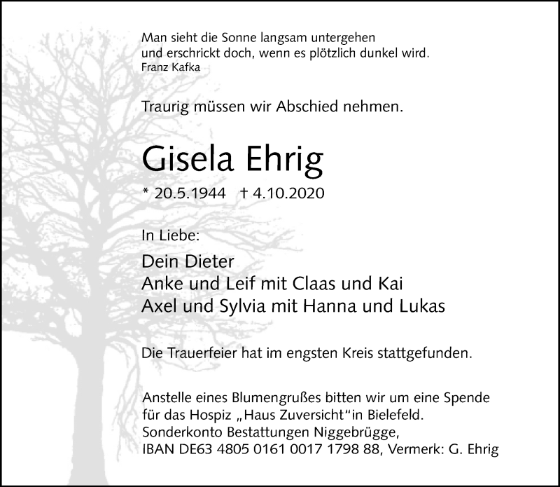  Traueranzeige für Gisela Ehrig vom 10.10.2020 aus Neue Westfälische