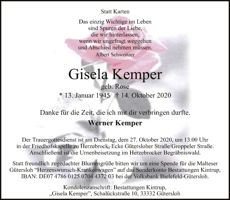  Traueranzeige für Gisela Kemper vom 21.10.2020 aus Neue Westfälische