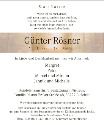 Traueranzeige von Günter Rösner von Neue Westfälische