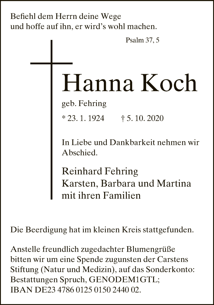  Traueranzeige für Hanna Koch vom 10.10.2020 aus Neue Westfälische