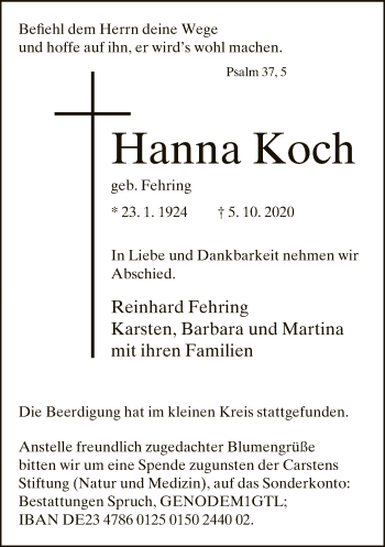 Traueranzeige von Hanna Koch von Neue Westfälische