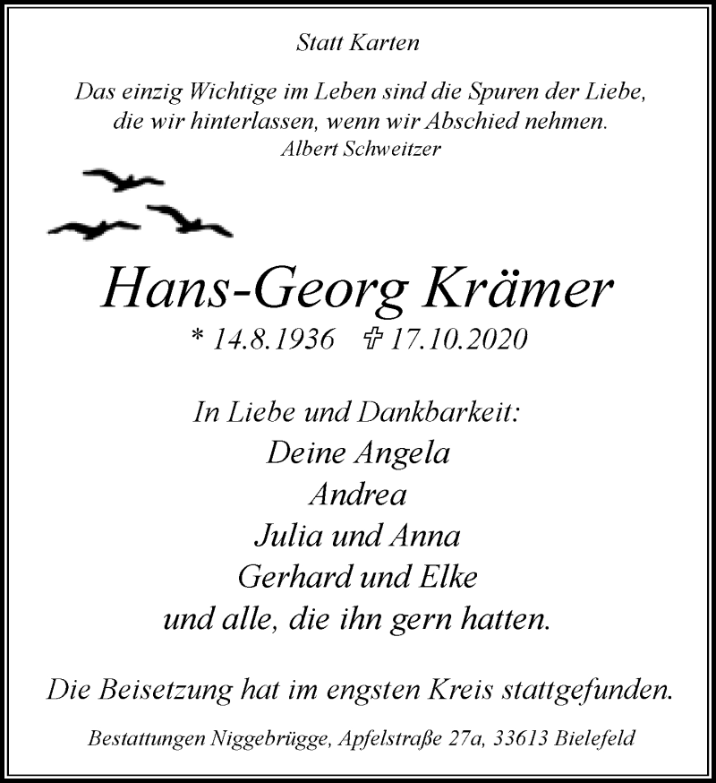  Traueranzeige für Hans-Georg Krämer vom 24.10.2020 aus Neue Westfälische