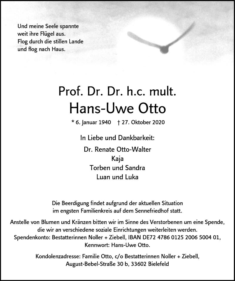  Traueranzeige für Hans-Uwe Otto vom 31.10.2020 aus Neue Westfälische