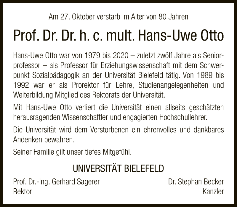  Traueranzeige für Hans-Uwe Otto vom 31.10.2020 aus Neue Westfälische